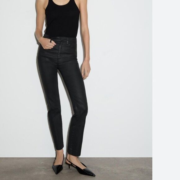 Zara Womens Denim Jeans Black EU 38 US 6 Slim Fit Straight Coated 8246/265 NWT - Picture 1 of 12